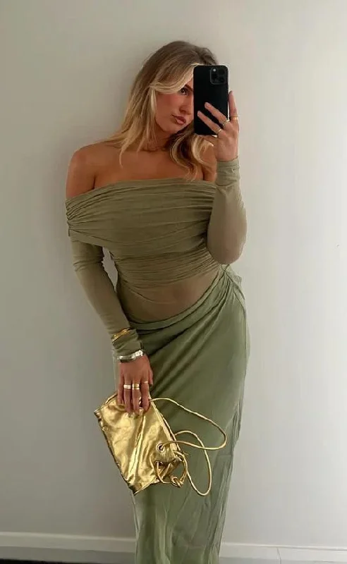 chic wrap dressYasmin Off-Shoulder Maxi Dress (Green)