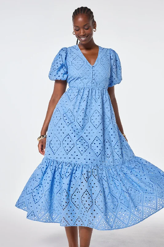 casual evening dressLight Blue Broderie Anglaise Puff Sleeve Midi Dress