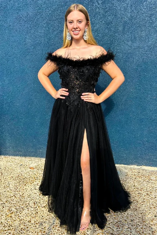 midi dressBlack Feathered Off-Shoulder A-line Long Prom Dress with Slit,DP1162