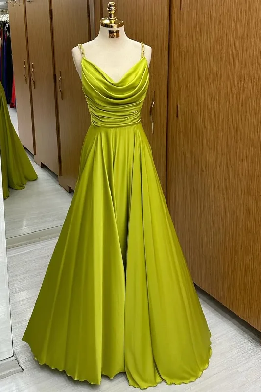 lace dressGreen Satin A-Line Pleats Straps Long Prom Dress Wedding Guest Dress,DP1262