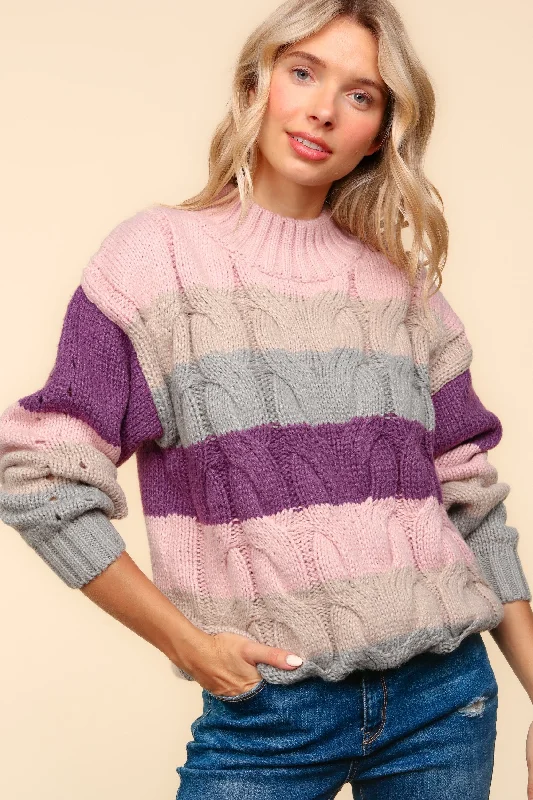 oversized puffer coatMOCK NECK STRIPE CABLE PATTERN SWEATER TOP