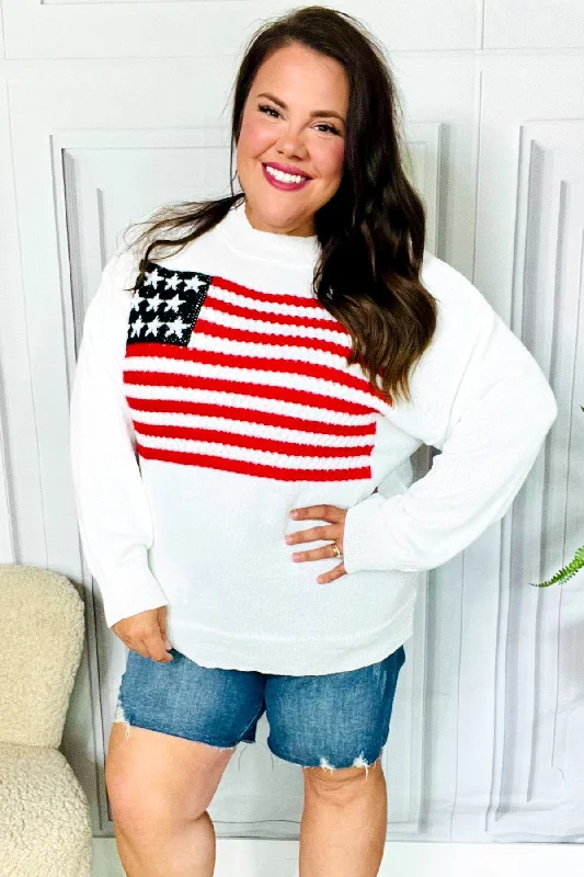 relaxed winter jacketAmerican Flag White Crochet Oversized Knit Sweater (Open Pack)