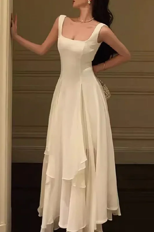 stylish party dressElegant Ivory A-Line Square Neck Chiffon Ankle Length Prom Dress,DP1362