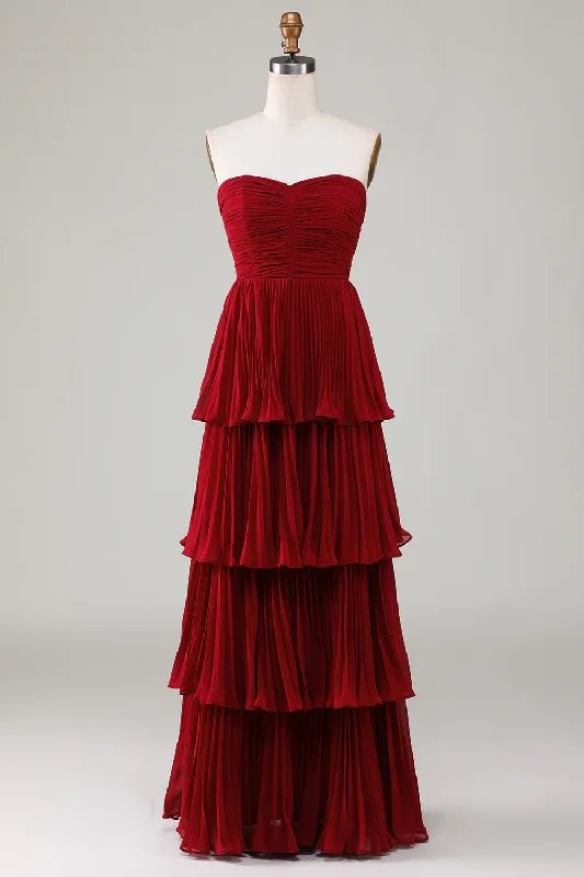 elegant shift dressRed A-Line Strapless Tiered Long Prom Dress Elegant Party Dress,DP1517