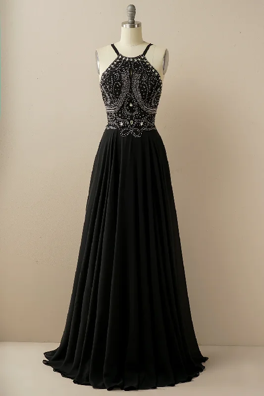 chic wrap dressBlack A-Line Halter Beaded Backless Long Prom Dress,DP1536