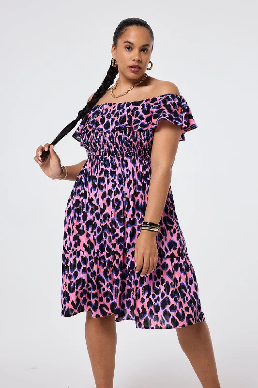 party-ready dressPink with Blue & Black Lurex Shadow Leopard Short Bardot Dress