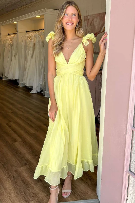 pleated dressYellow Lace-Up Plinging V-Neck A-Line Cute Prom Dress,DP1568