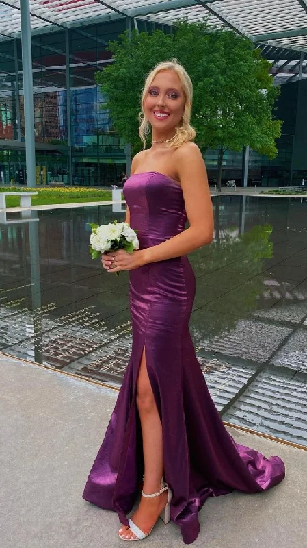 ashionable dressPurple Strapless Mermaid Long Formal Prom Dress with Slit,DP1514