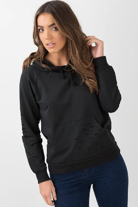 casual pullover for fallBlack Distressed Hoodie - Kiera