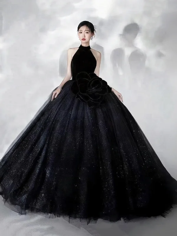 casual midi dressBlack Halter A-Line Shiny Tulle Long Party Dress Ball Gown,DP1661