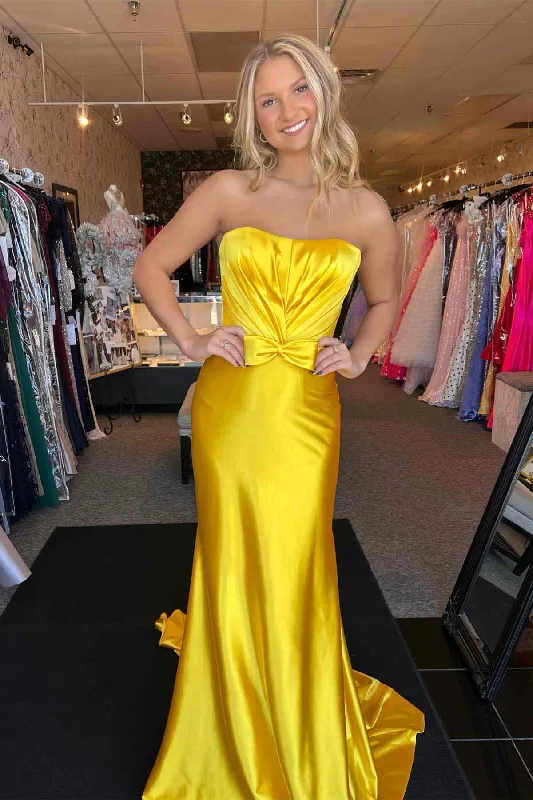 chic dressYellow Strapless Pleated Bow Mermaid Long Prom Dress,DP1555