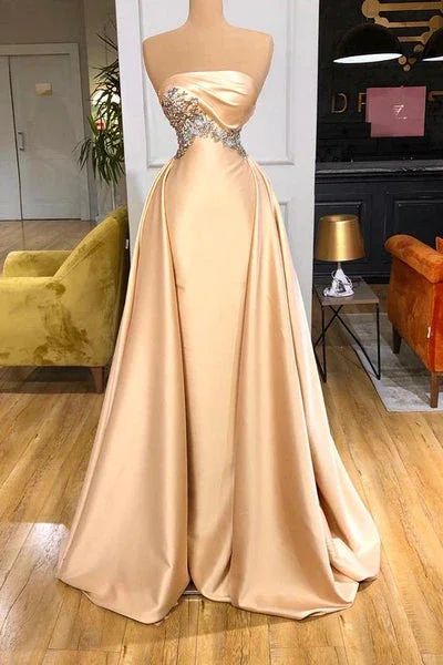 casual evening dressChampagne Strapless Satin Beading Long Prom Dress Formal Party Dress,DP1453