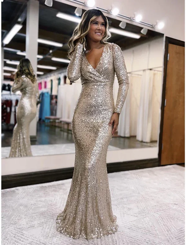 casual slip dressSilver Sequined V Neck Long Sleeves Mermaid Long Prom Dress,DP1201