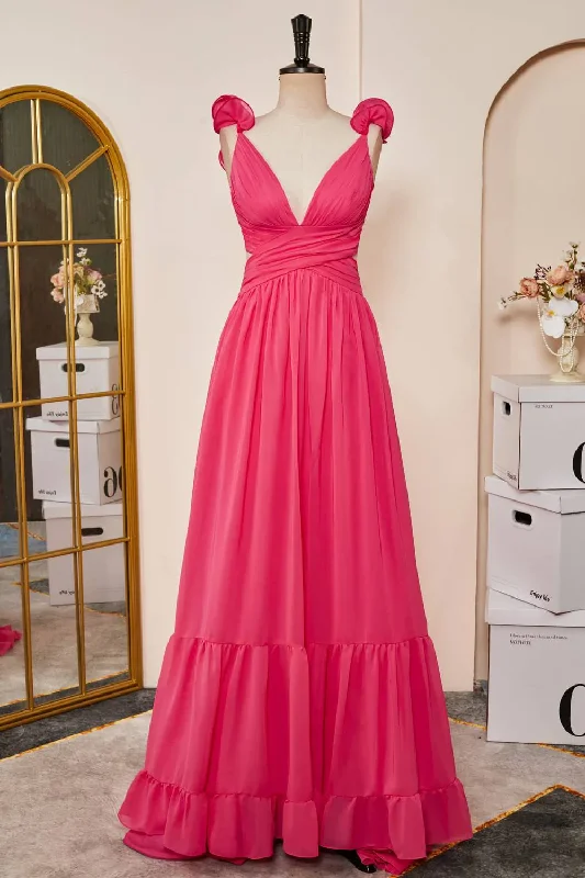 stylish party dressHot Pink Plunging V-Neck Ruffled Straps A-Line Long Prom Dress,DP1559