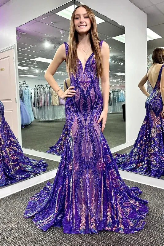 playful dressGrape V Neck Sequin Backless Mermaid Long Prom Dresses,DP1226