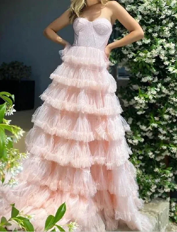 summer dressPink Sweetheart Strapless A-Line Tulle Tiered Long Prom Dress Evening Gown,DP1614