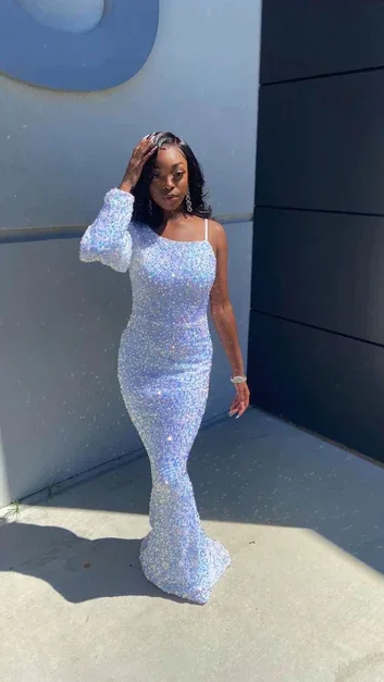 elegant dressLight Blue Sequins One Sleeve Mermaid Long Prom Dresses,DP1402