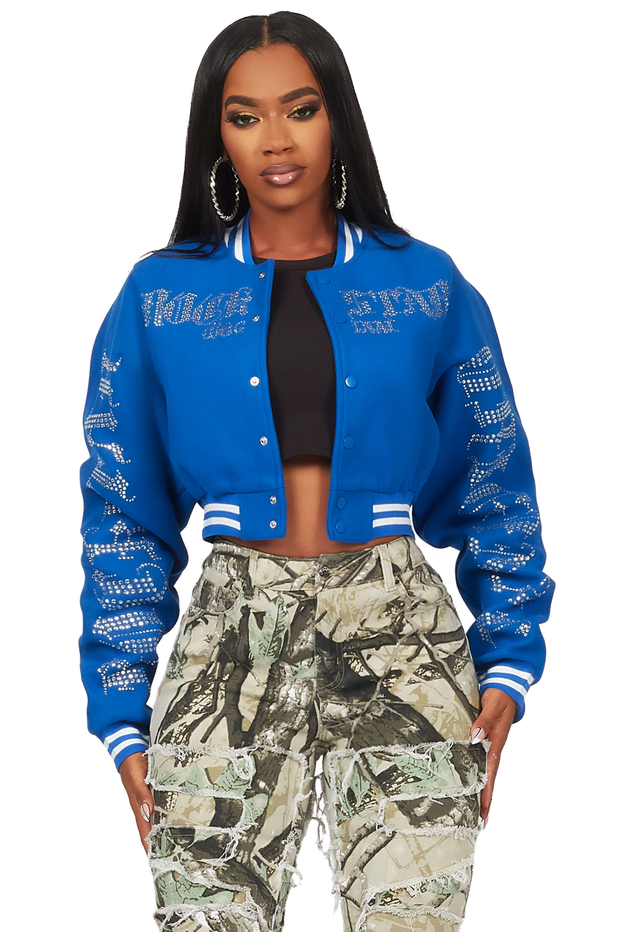 comfortable outerwearGianni Royal Blue Crop Rhinestone Varsity Jacket