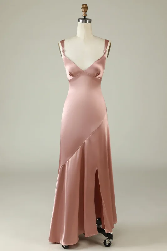 formal dressPink V Neck Straps Satin Long Prom Dress Wedding Guest Dress,DP1504