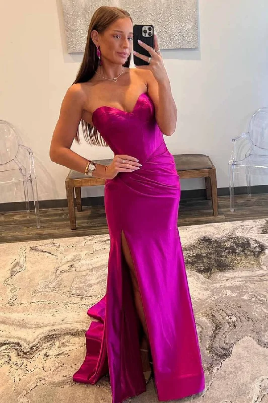 elegant maxi dressFuchsia Sweetheart Strapless Satin Long Prom Dress with Slit,DP1189