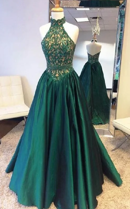 casual day dressGreen Elegant Halter Satin Long Prom Dress With Lace Beading,DP1144