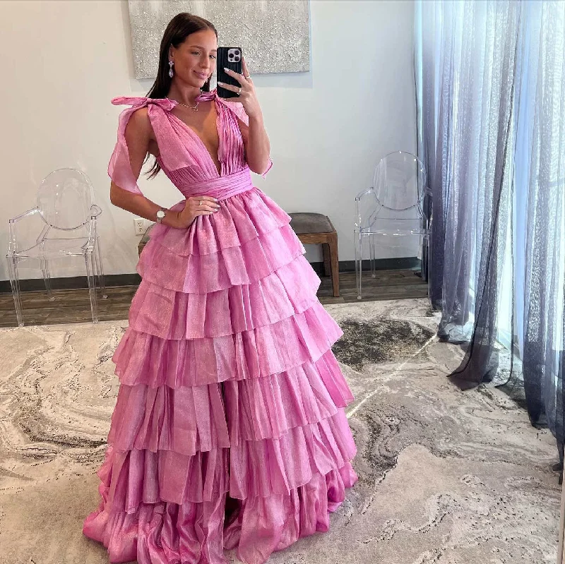 fitted cocktail dressTie Straps Plunging Neck Pastel Pink Tiered Long Prom Dress,DP1253