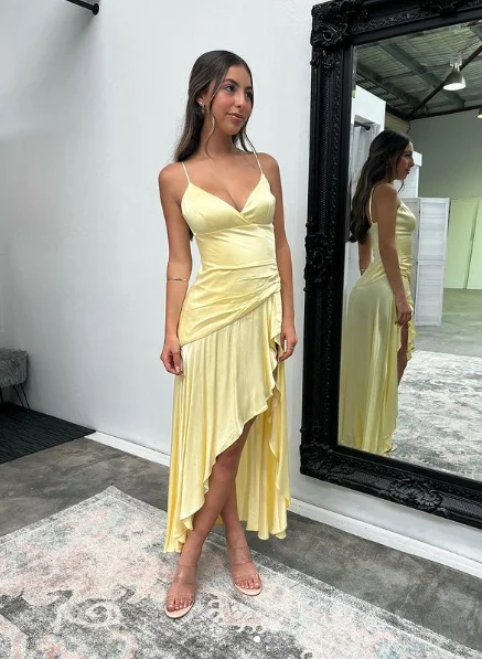 layered dressYellow V Neck Spaghetti Straps Prom Dress Wedding Guest Dress,DP1644