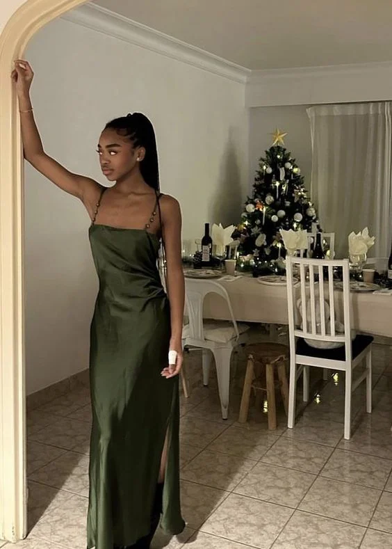 oversized dressGreen Spaghetti Straps Prom Dress Wedding Guest Dress with Slit,DP1645