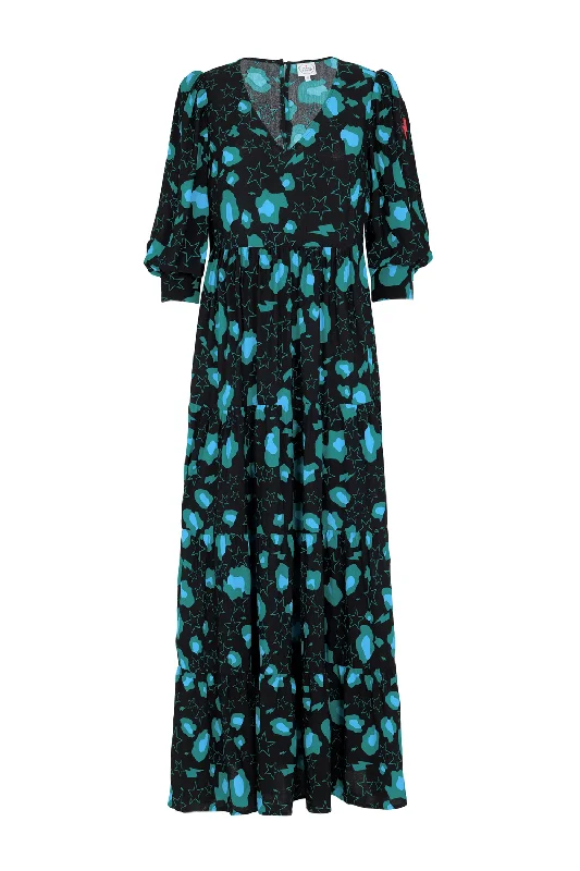 one-shoulder dressBlack with Teal Snow Leopard & Star Maxi Dress