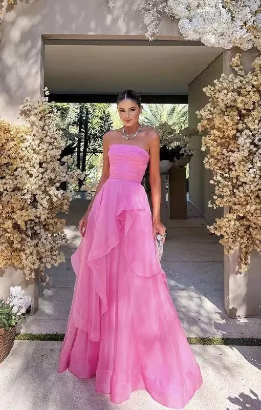 off-shoulder dressPink Strapless A-line Tulle Long Prom Dress Wedding Guest Dress,DP1238