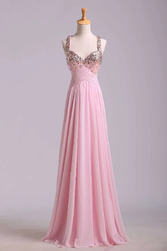 spaghetti strap dressPink Sweetheart Sequins Cross Back Chiffon Long Formal Prom Dress,DP1153