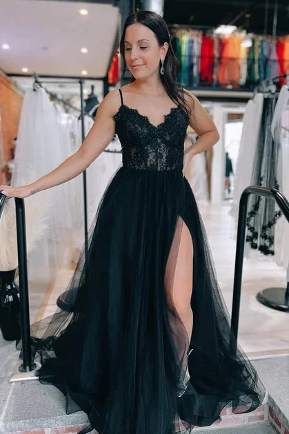 chic dressBlack V Neck Lace Tulle Long Prom Dresses with Slit,DP1401