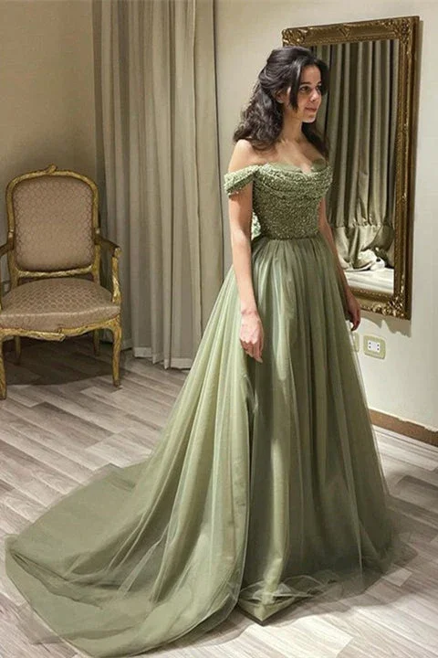 party dressGreen A-line Off-the-shoulder Sequined Beading Long Prom Dress,DP1111