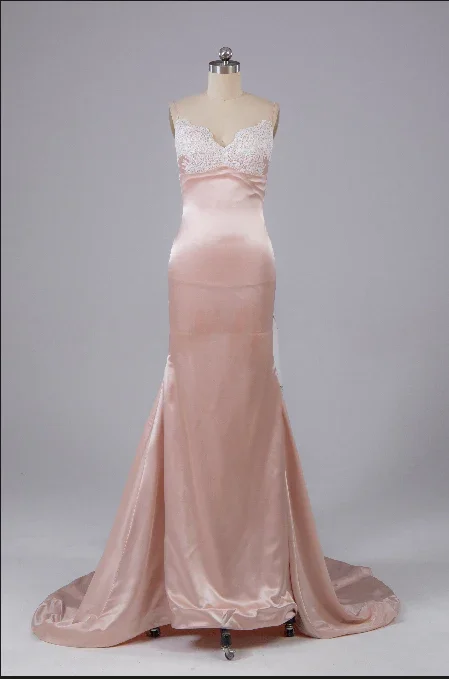 flowy evening dressPearl Pink Open Back Sweep Train Prom Dress with Lace Appliques,DP1342