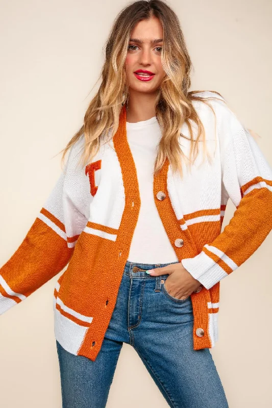 high-quality coatOrange V Neck Button Down Pop Up Letter Patch Sweater