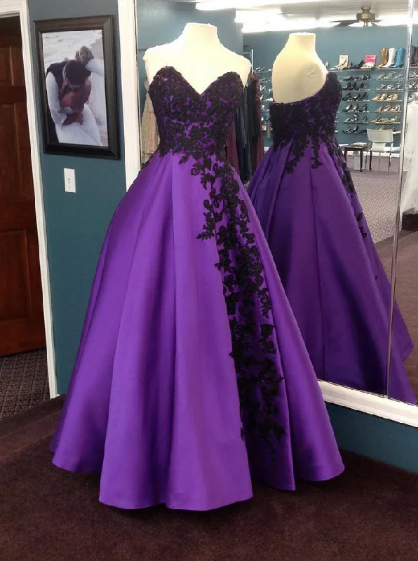 vintage-inspired dressPurple Sweetheart Black Lace Appliques Long Prom Dress Ball Gowns,DP1150