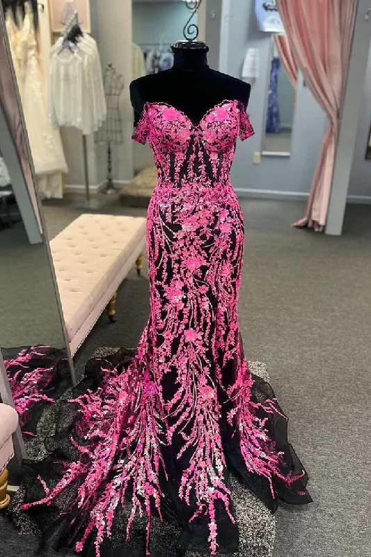 evening dressCharming Fuchsia Black Off the Shoulder Mermaid Long Prom Dress ,DP1383