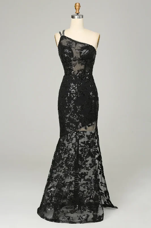 velvet dressBlack One Shoulder Backless Sequins Lace Long Prom Dress,DP1521