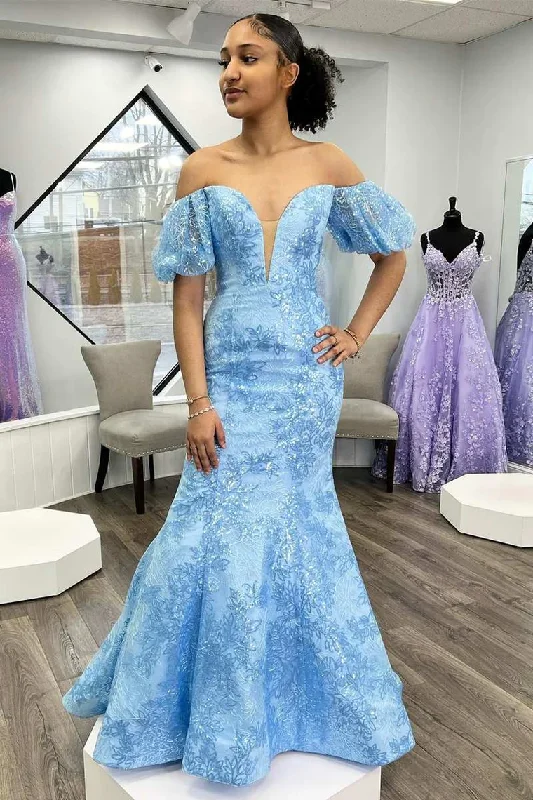 A-line dressLight Blue Puff Off-Shoulder Mermaid Embroidery Sequined Long Prom Dress,DP1314