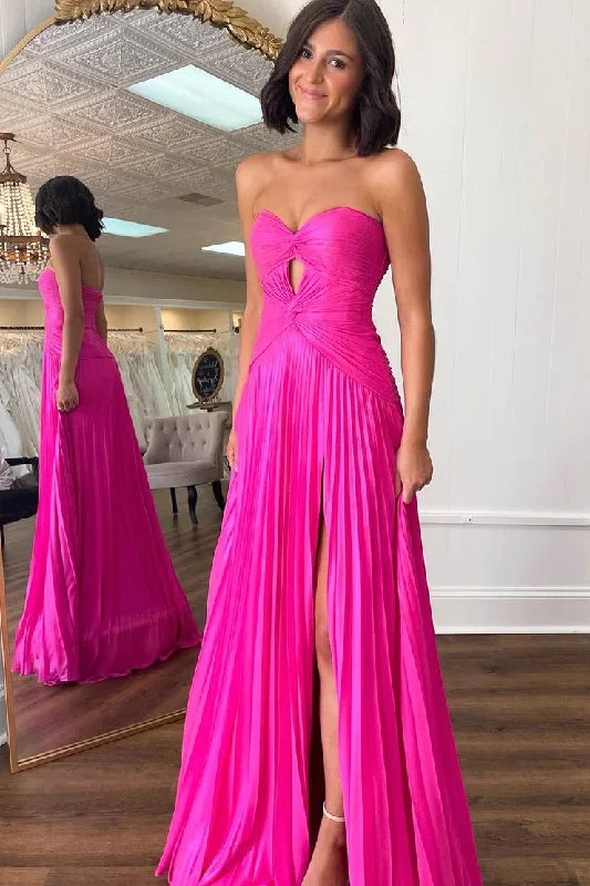 comfy maxi dressFuchsia Strapless Chiffon A-Line Long Prom Dress with Slit,DP1597