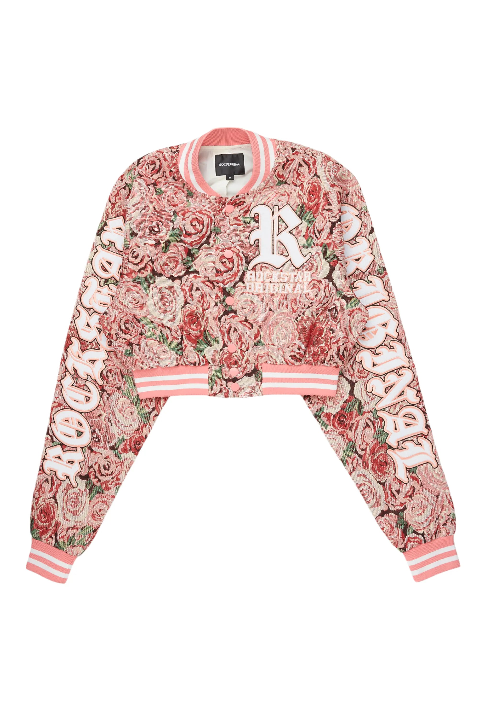 padded puffer coatDarresha Pink Crop Tapestry Varsity Jacket