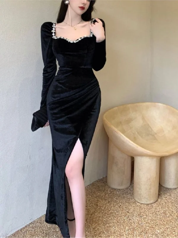 fitted bodycon dressBlack Long Sleeves Velvet Mermaid Slit Long Prom Dress with Beading,DP1539