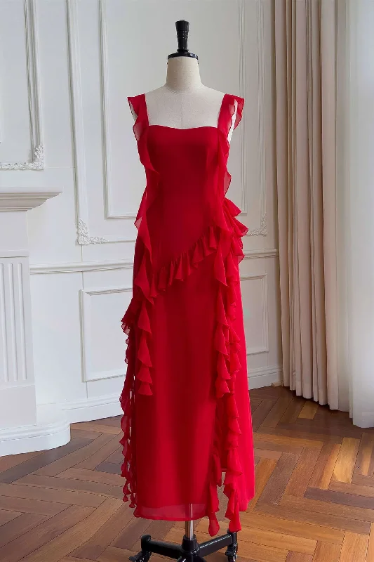 boho dressRed Square Neck Ruffle Chiffon Long Party Dress,DP1554