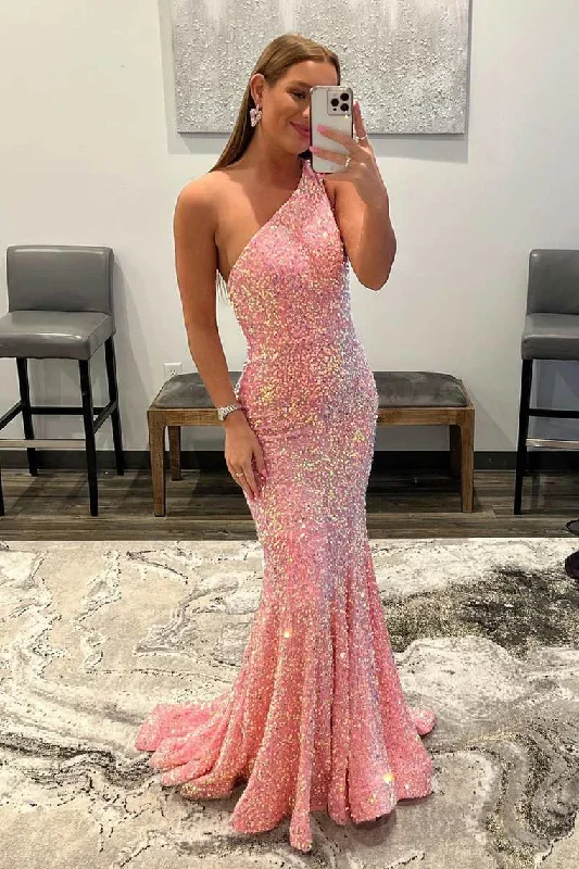 v-neck dressPink One Shoulder Backless Sequin Mermaid Long Prom Gown,DP1310