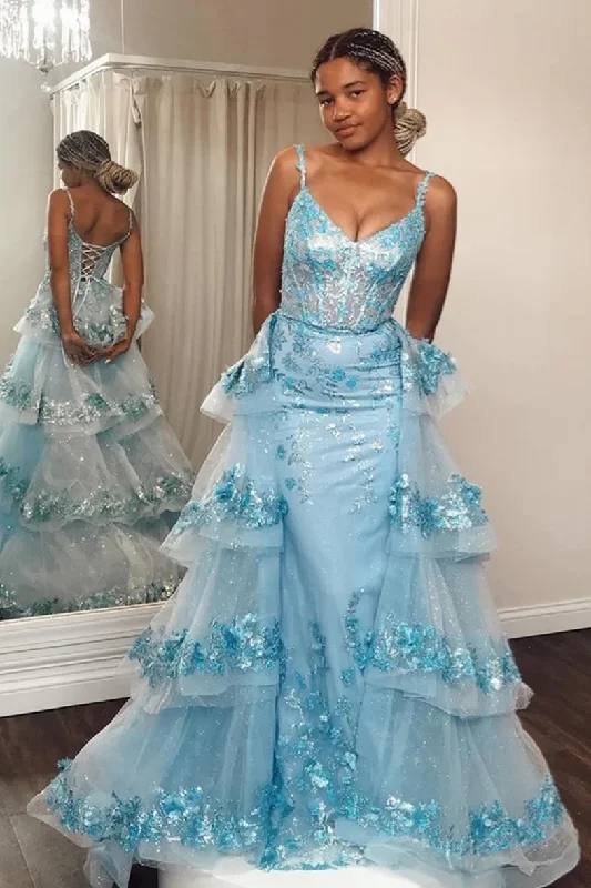 cocktail dressLight Blue Floral Mermaid Long Prom Dress with Detachable Layered Train,DP1160