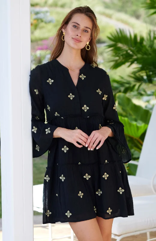 puff sleeve dressCristina Embroidered Kaftan | Black/Gold