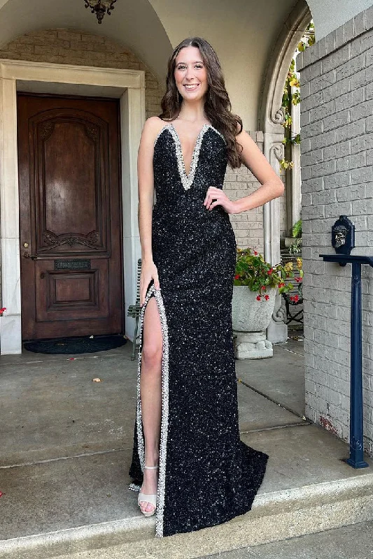 lace dressBlack Deep V Neck Sequins Mermaid Long Prom Dress with Beading,DP1386