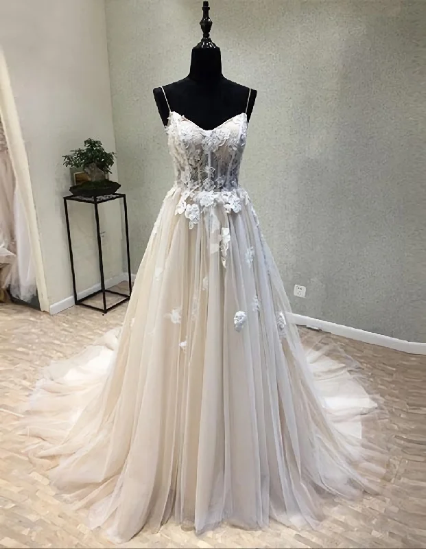 luxury dressElegant Ivory Spaghetti Straps Lace Tulle Formal Prom Dress,DP1148