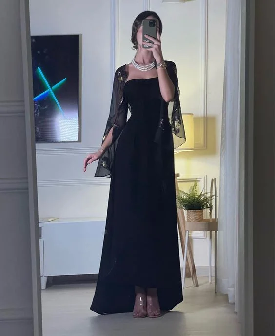 flowy evening dressUnique Black Strapless Detachable Sleeves Long Prom Dress,DP1580