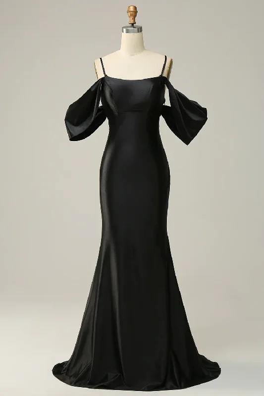 trendy bodycon dressBlack Off Shoulder Open Back Satin Mermaid Long Prom Dress,DP1534